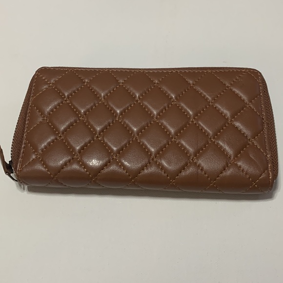 Designer Inspired RFID Genuine Leather Quilted Zip Around Clutch Wallet Cognac - Picture 8 of 11